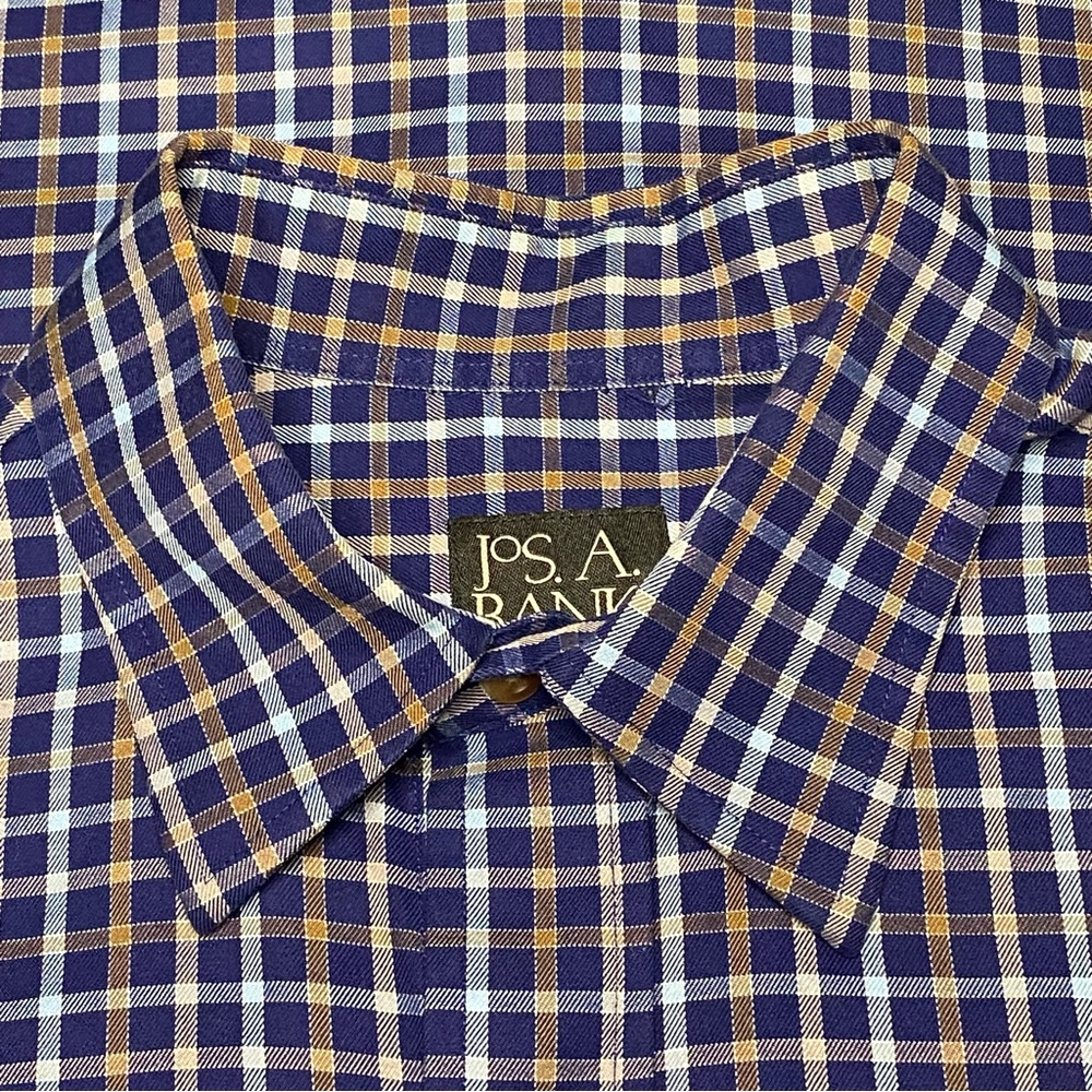 Jos. A. Bank Dress Shirt Men Size Medium Blue Check Preppy Button Front Office